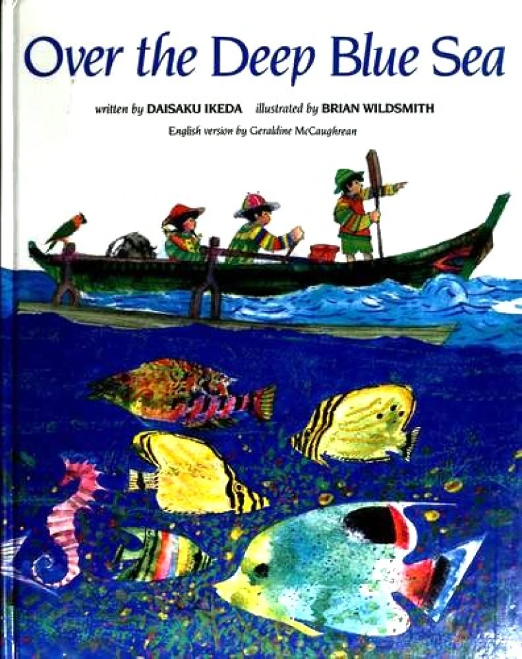 Three children row a boat over a sea full of fish.