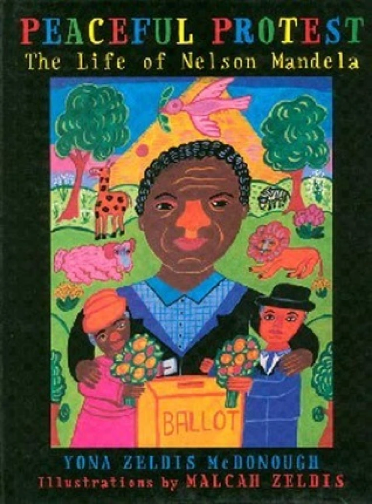 A drawing of Nelson Mandela holding two people in front of a ballot box.