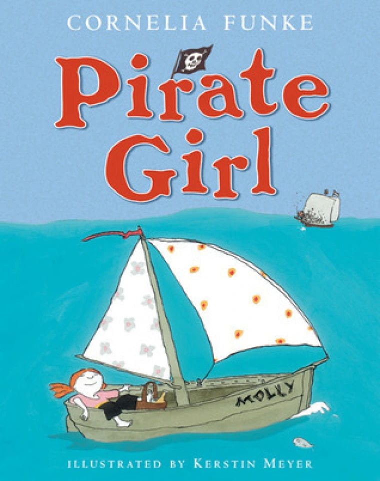 A red haired girl reclines on a small boat named Molly in the blue ocean.