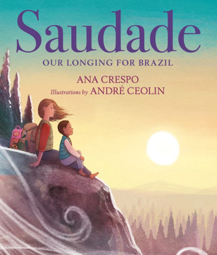 A mother and daughter sit on a cliff looking over a forest at sunrise.