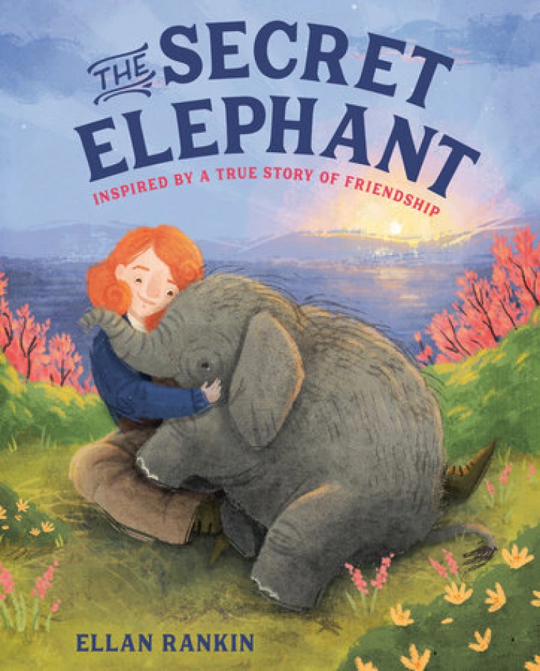 A young girl with red hair hugs a baby elephant.