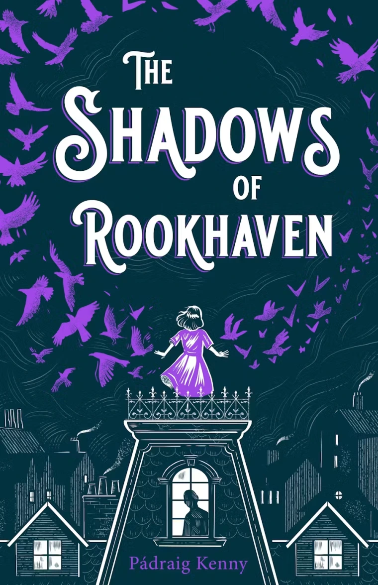 A girl stands on top of a house surrounded by crows.
