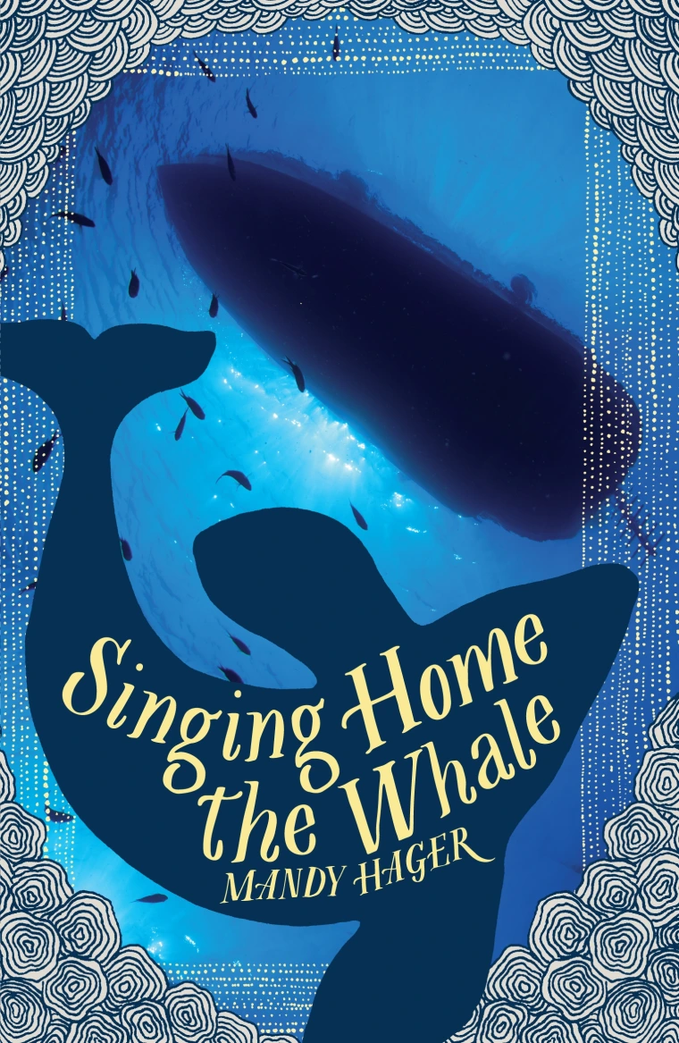 A cartoon whale silhouette swims beneath a small boat.