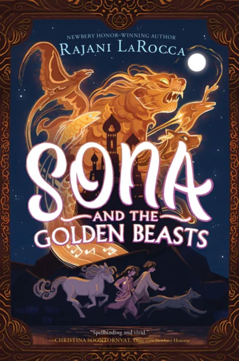 Golden animals rise into the sky over an Indian castle while two children run with a horse and dog below it.