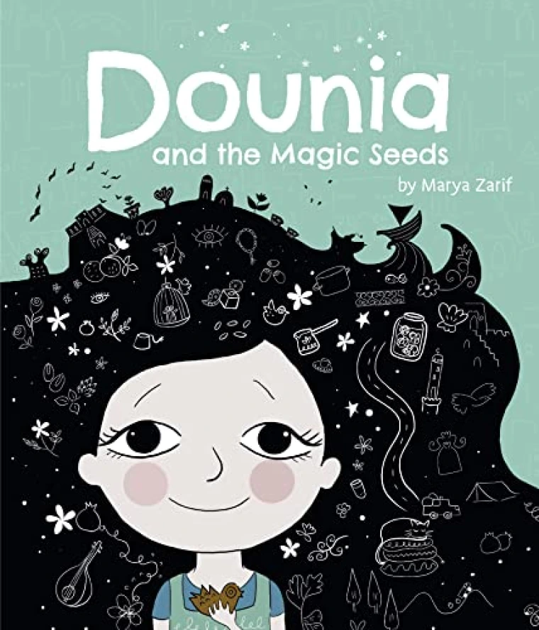 A young girl smiles. Sketches of various items fill the black of her hair.