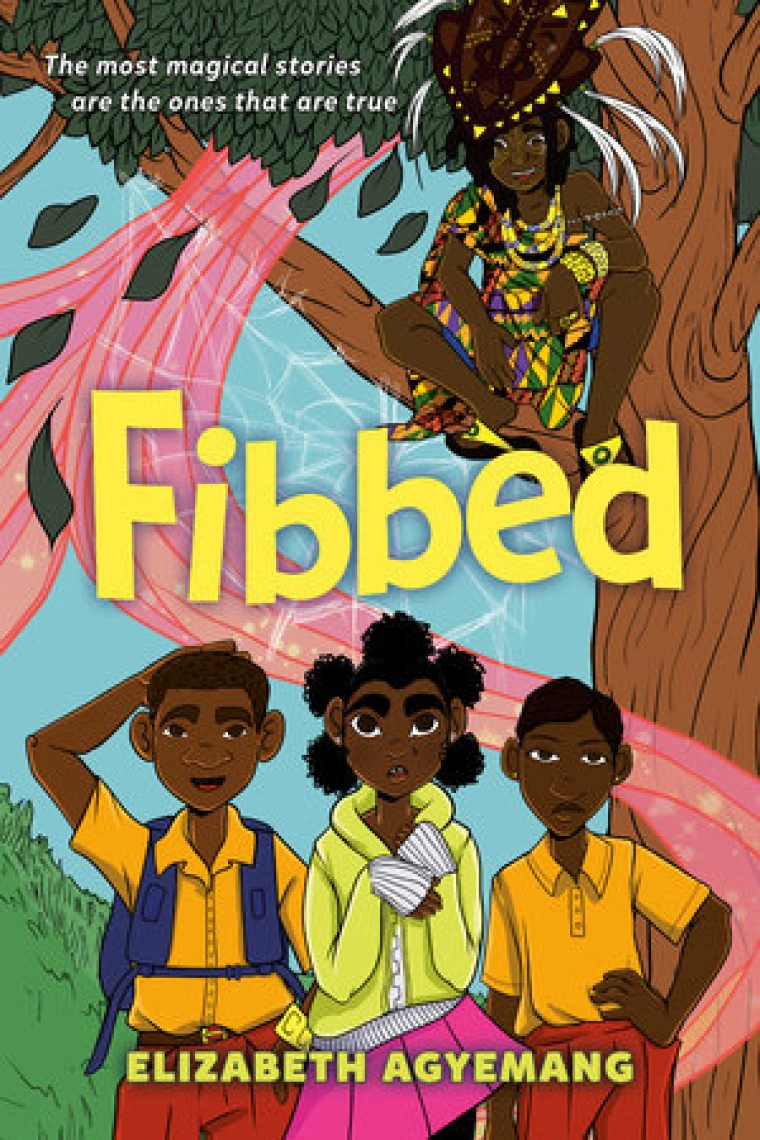 Three young Black children stand under a tree.
