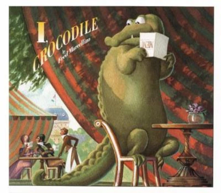 A giant crocodile sits at a restaurant table holding a menu, looking at other patrons.
