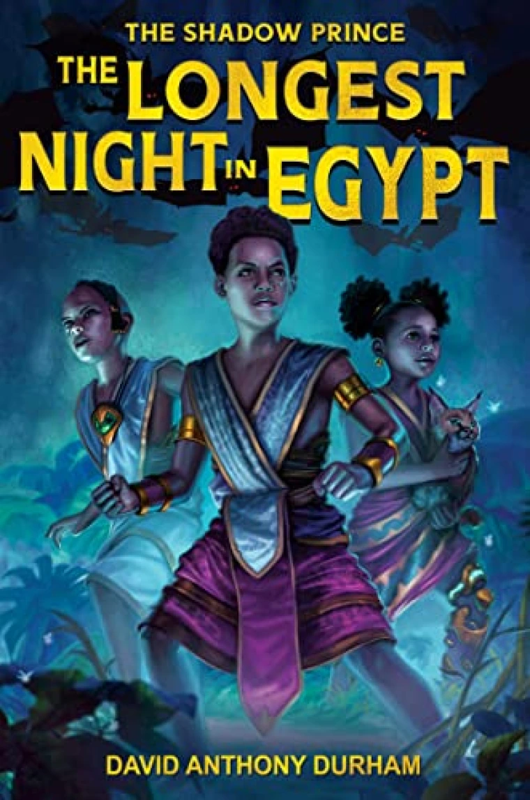 Three black teenagers in ancient robes stand together in a misty forest.