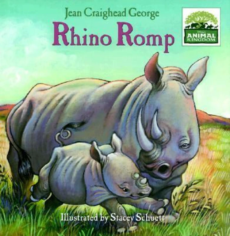 A mother rhino walks through a plain with her baby.