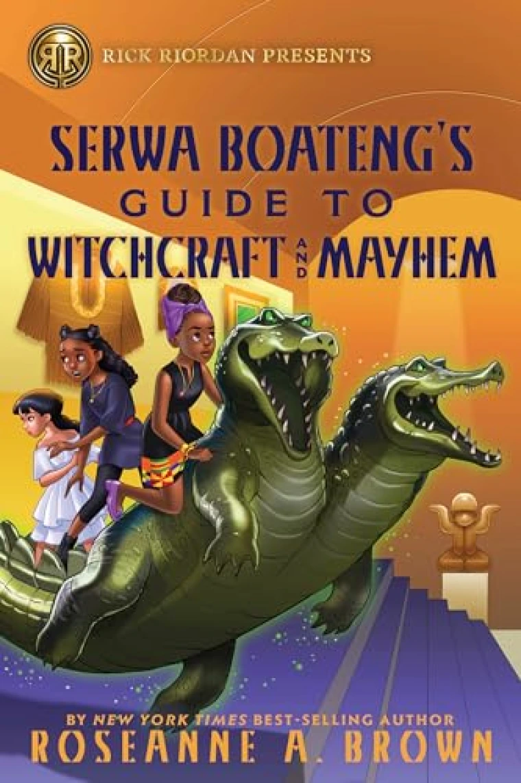 A young Black girl rides a two-headed crocodile.