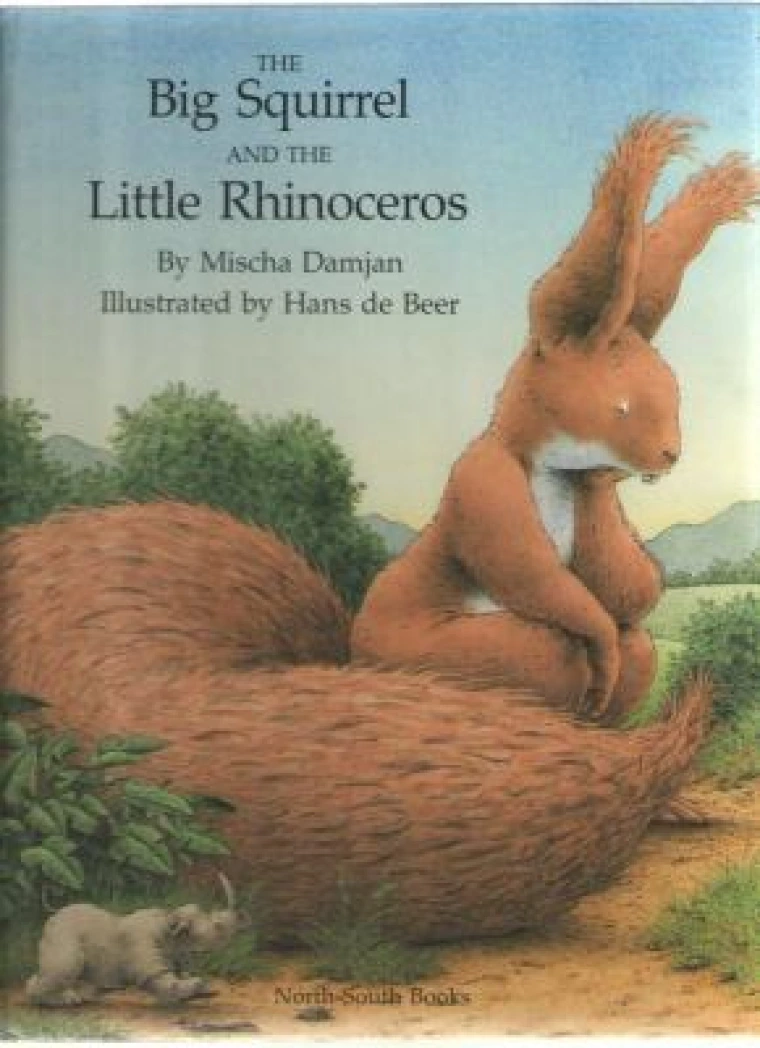 A giant squirrel sits on the ground next to a tiny rhinoceros.
