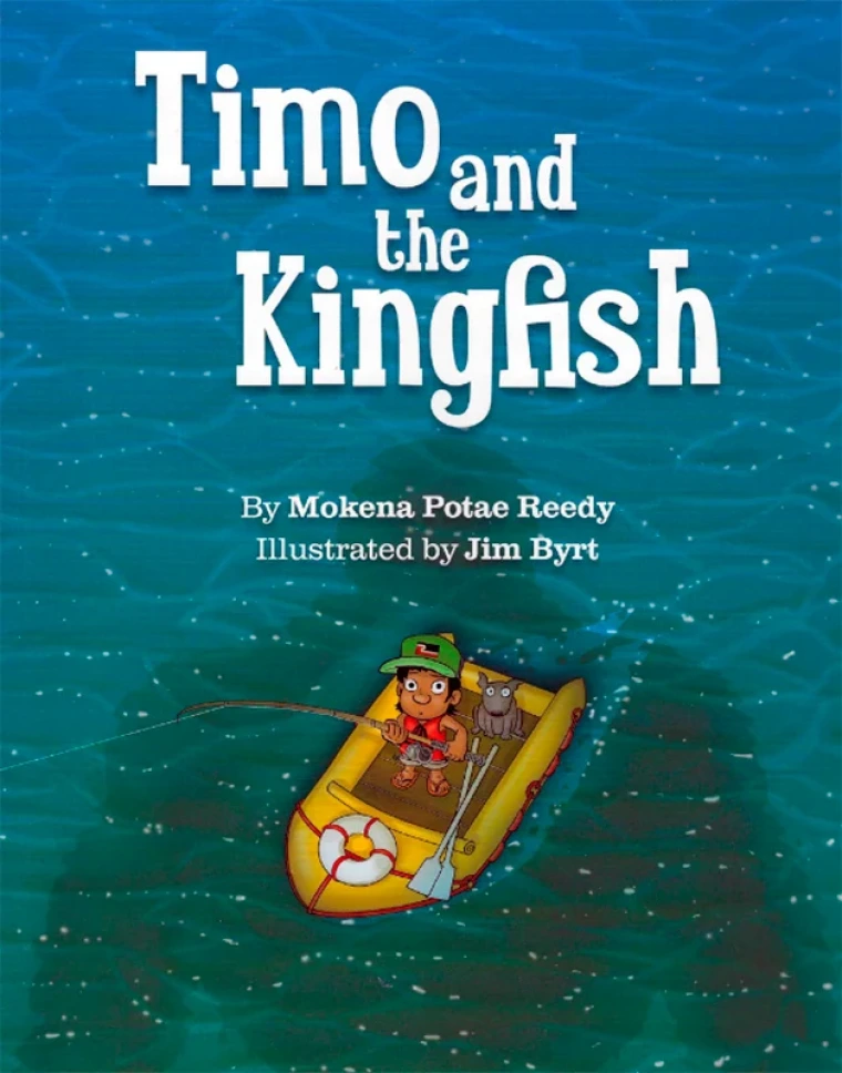 A boat on water with a child and a dog fishing