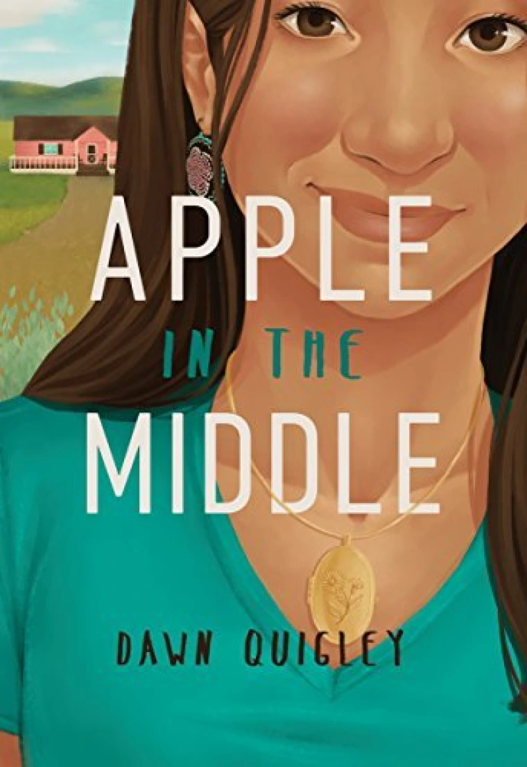 A girl wearing a turquoise shirt is posed in the side of the book while she is standing in front of a house