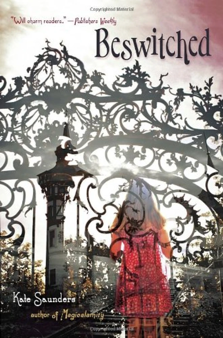 A transparent, ghost-like girl in a red dress looks at a old manor overlaid over a close up of an iron gate.