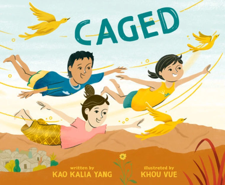 Three children have are flying in the sky with yellow birds surrounding them