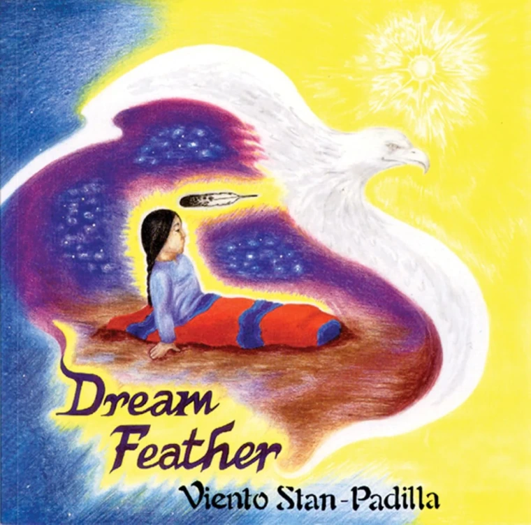 A native boy laying on the ground surrounded by a bird and a vast sky