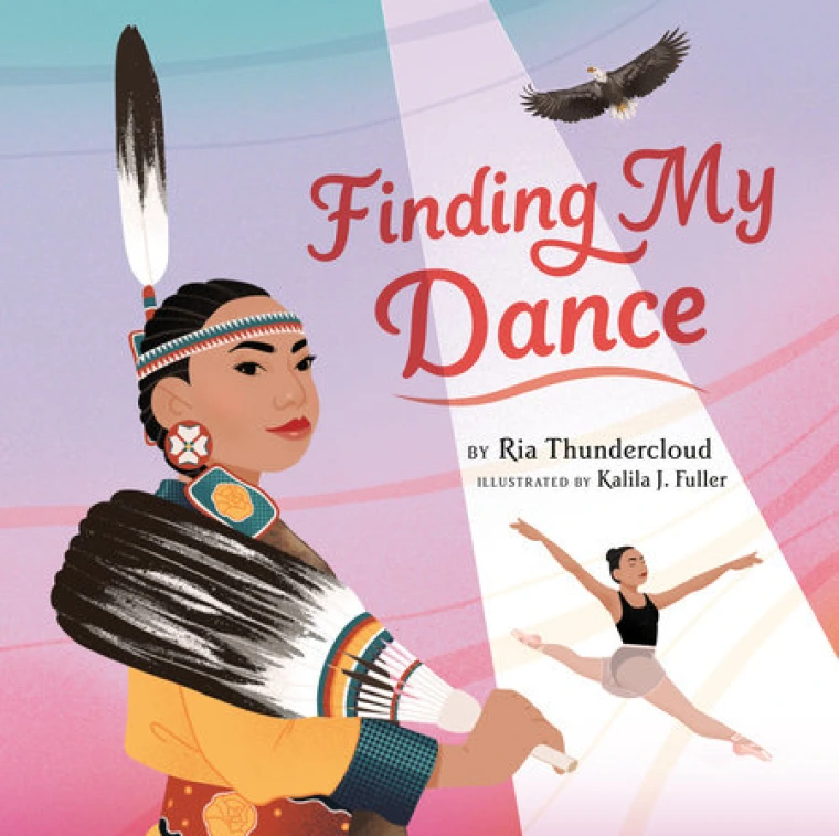 An indigenous girl is posing on the left while behind her on the right is a ballerina leaping