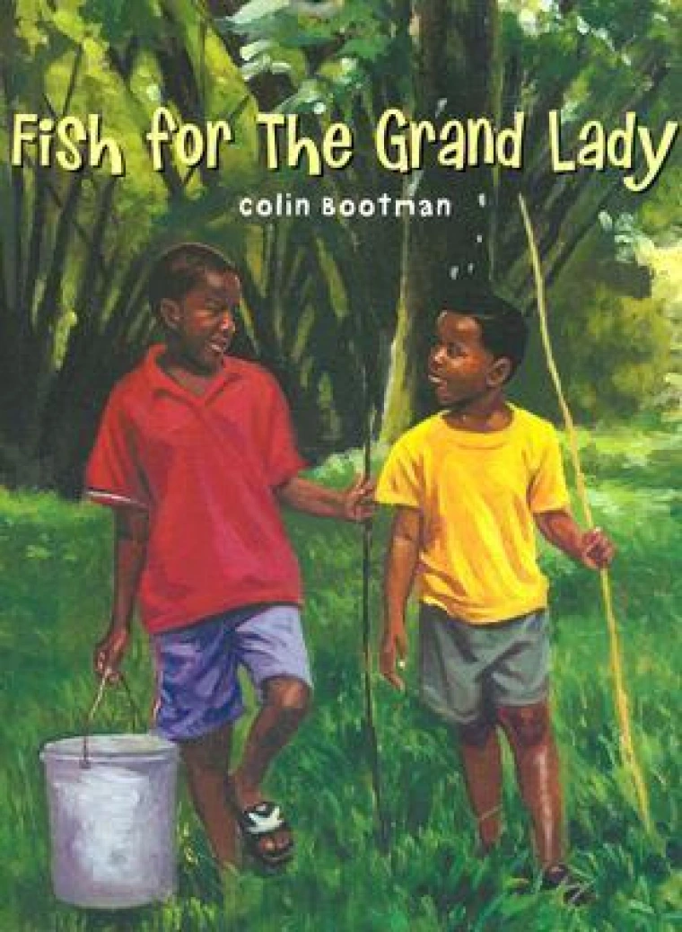 Two kids are standing side by side as they both hold large palm tree leaves, and a bucket