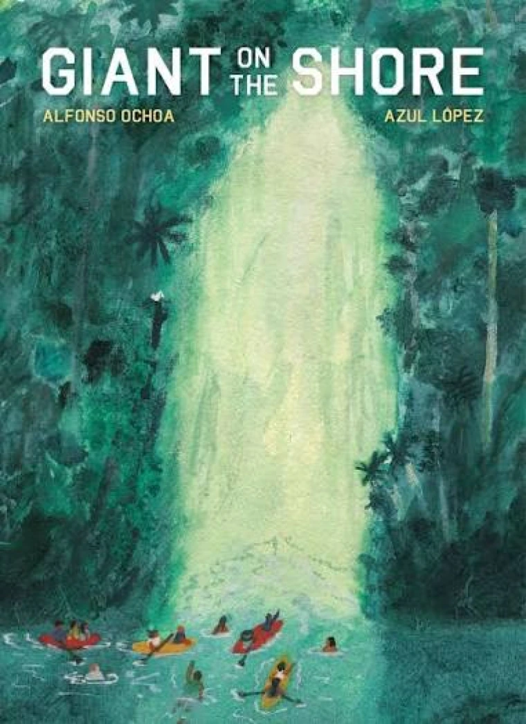 Hovering over people is a glowing green monster that is surrounded by nature
