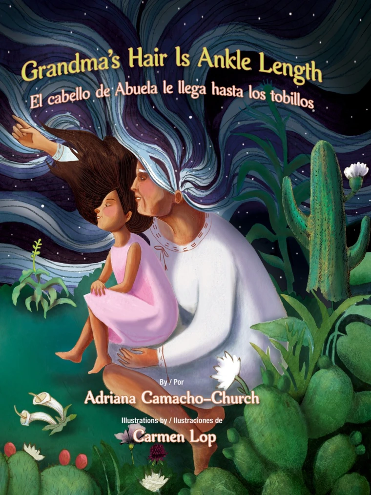 A woman's hair is connecting with the night sky, with her is her grand daughter who is sitting on her lap