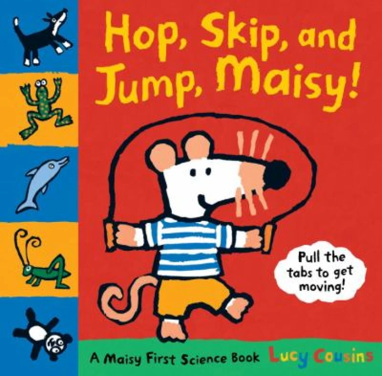 A white mouse weared a striped shirt and yellow pants plays with a jump rope.
