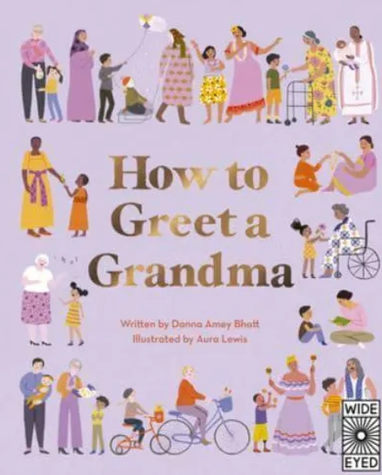 A diverse group of people, with many old women, surrounds the title on a pink background.