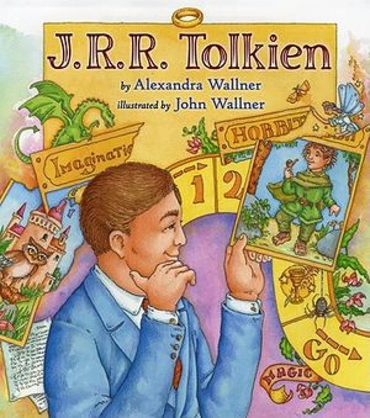 J R R Tolkien, a white man in a blue suit, looks at a picture of a hobbit.