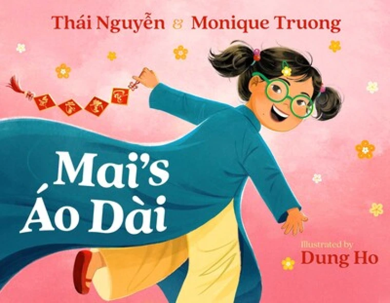 A young girl with glasses wears a blue Ao Dai and runs across the cover.