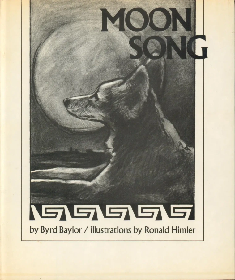 Colored in black and white, a wolf is posed behind a full moon