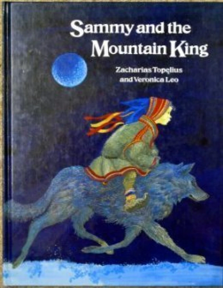 A boy in winter clothes riding a wolf