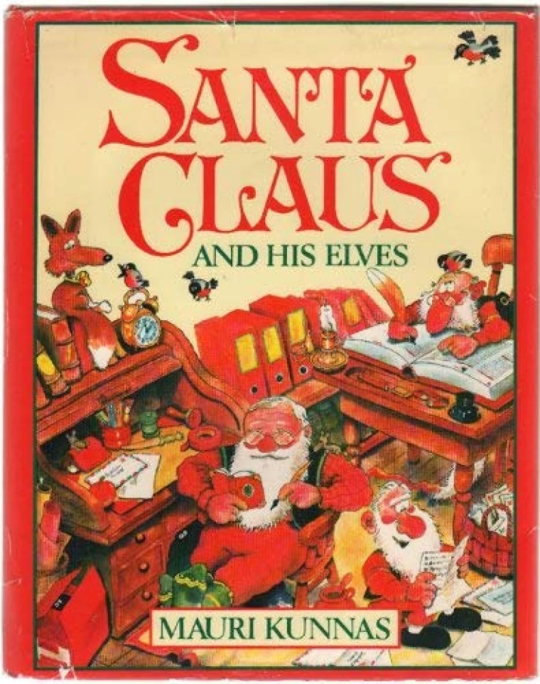 Santa Claus surrounded by toys and his elves