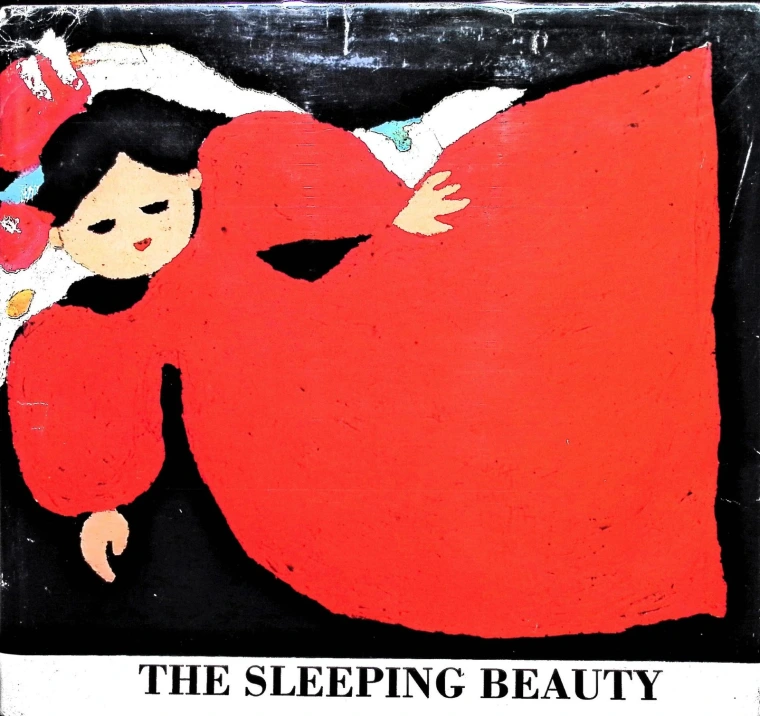 A girl in a red dress sleeping while surrounded by roses
