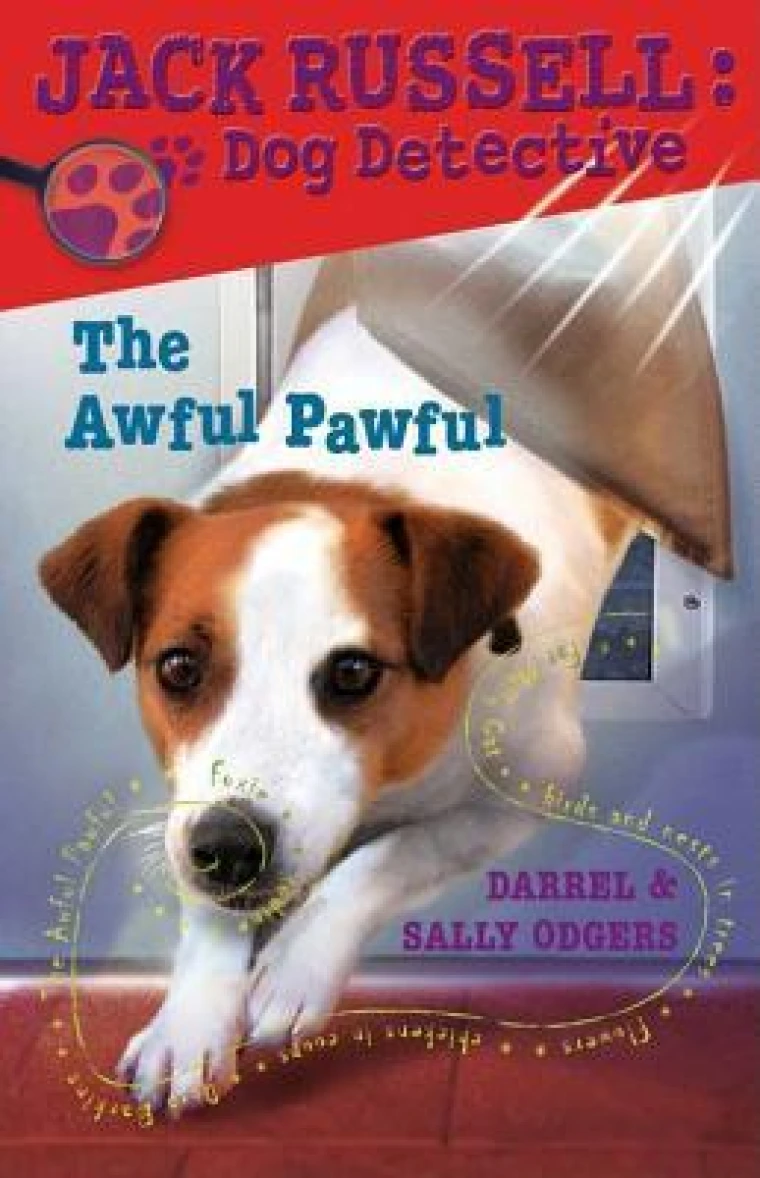 A ginger white dog is popping out of a doggy door