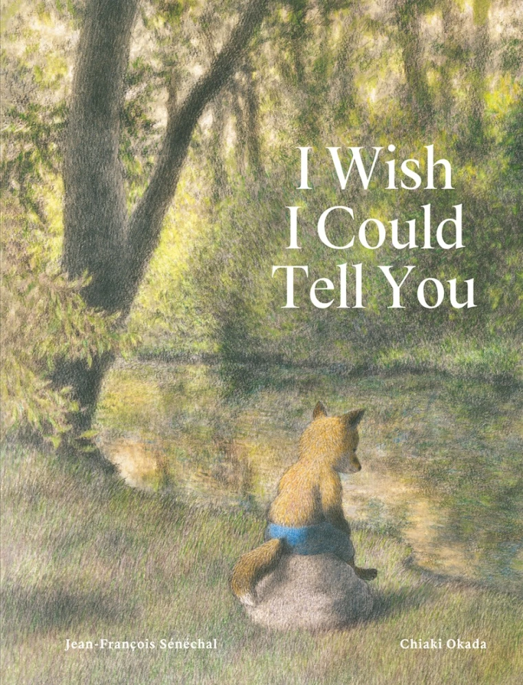 A fox sits under a tree, on a rock, by a stream with his head bowed. 