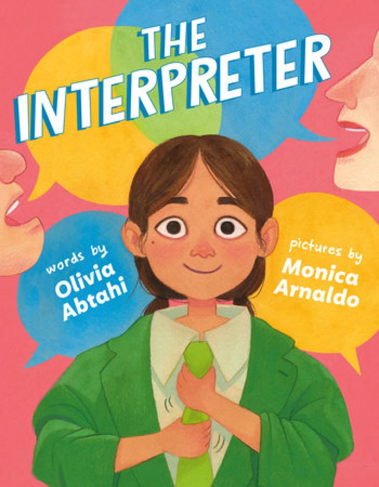 A young girl wears an oversized green suit as two people behind her speak in either a yellow or blue speech bubble.