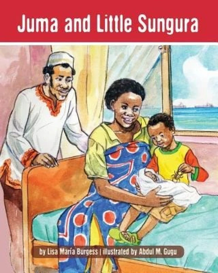A young African boy holds his baby sister while sitting in his mother's lap, their father behind them.