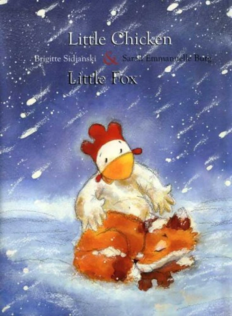 A chicken watches over a fox sleeping in the snow.