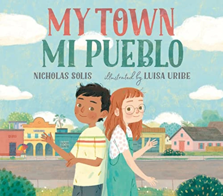 A boy and a girl have their backs facing each other while behind them they are point at their neighborhood