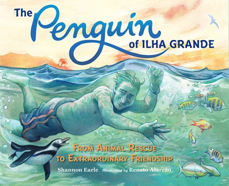 An old man swims with a penguin. 