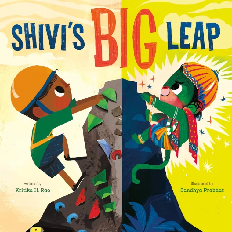 The cover is split in half to show one side as a normal child rock climbing and the other side as a green monkey climbing a mountain.