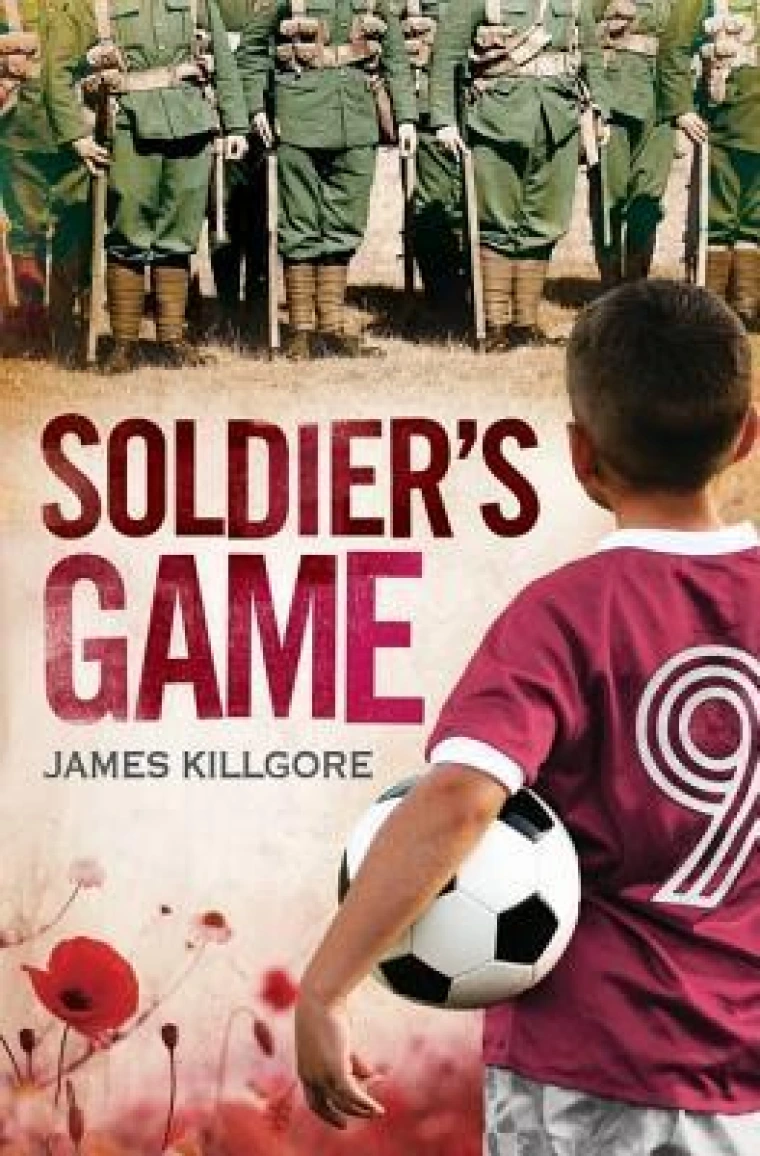 A kid is holding a soccer ball and staring at the army of soldiers infront of him
