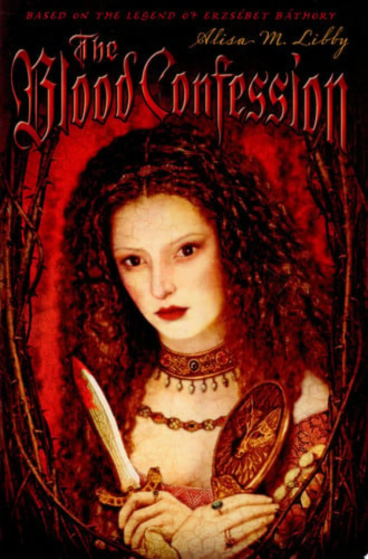 A woman with curly hair is holding a knife covered in blood with a blank expression