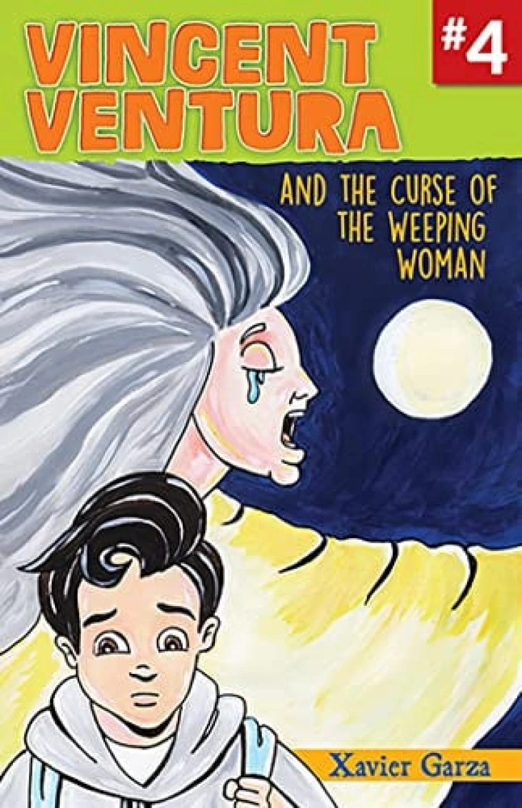 A little boy is frowning as behind him is the Mexican myth, la llorona