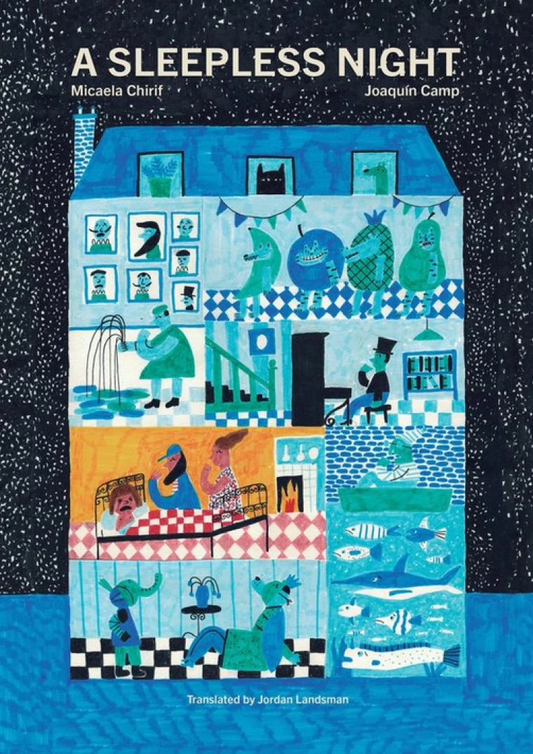 An apartment building with a view into each room, all blue except one on the second floor in full color with a crying child in bed.