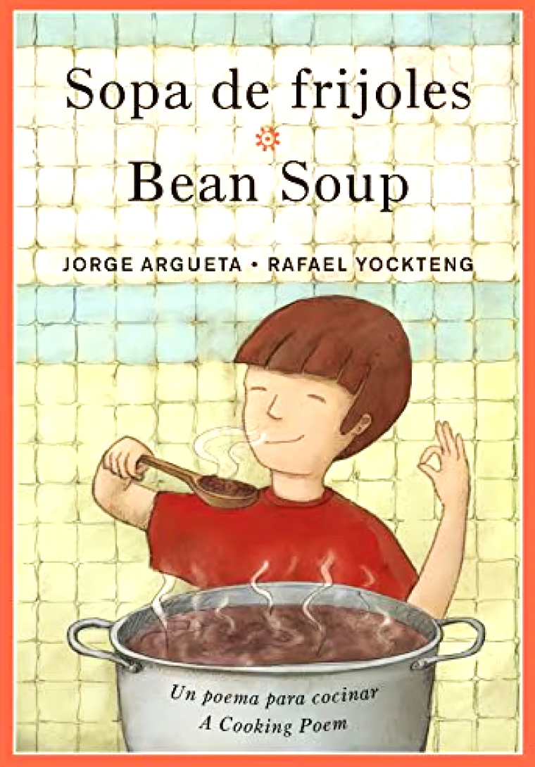 A child approvingly smells a large pot of bean soup.