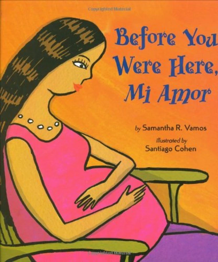 A pregnant woman cradles her large belly.