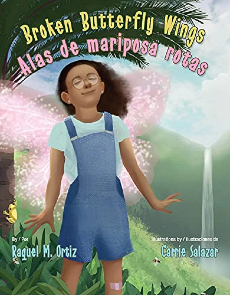 A young girl in overalls has glowing pink butterfly wings.