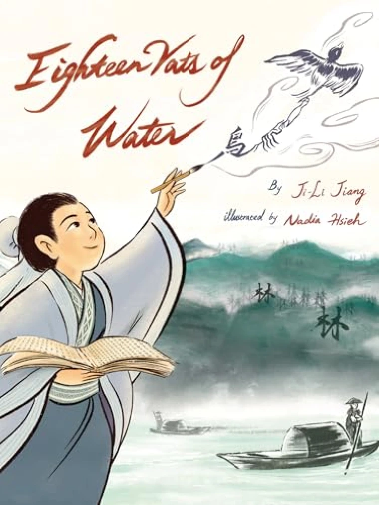 An Ancient Chinese man with a calligraphy brush paints a bird into the sky.