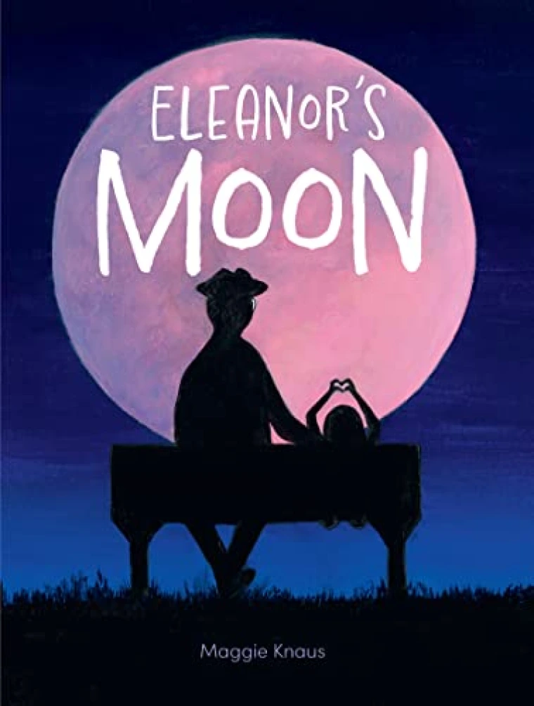 A silhouette of an older person and a child sitting on a bench in front of a large full moon.