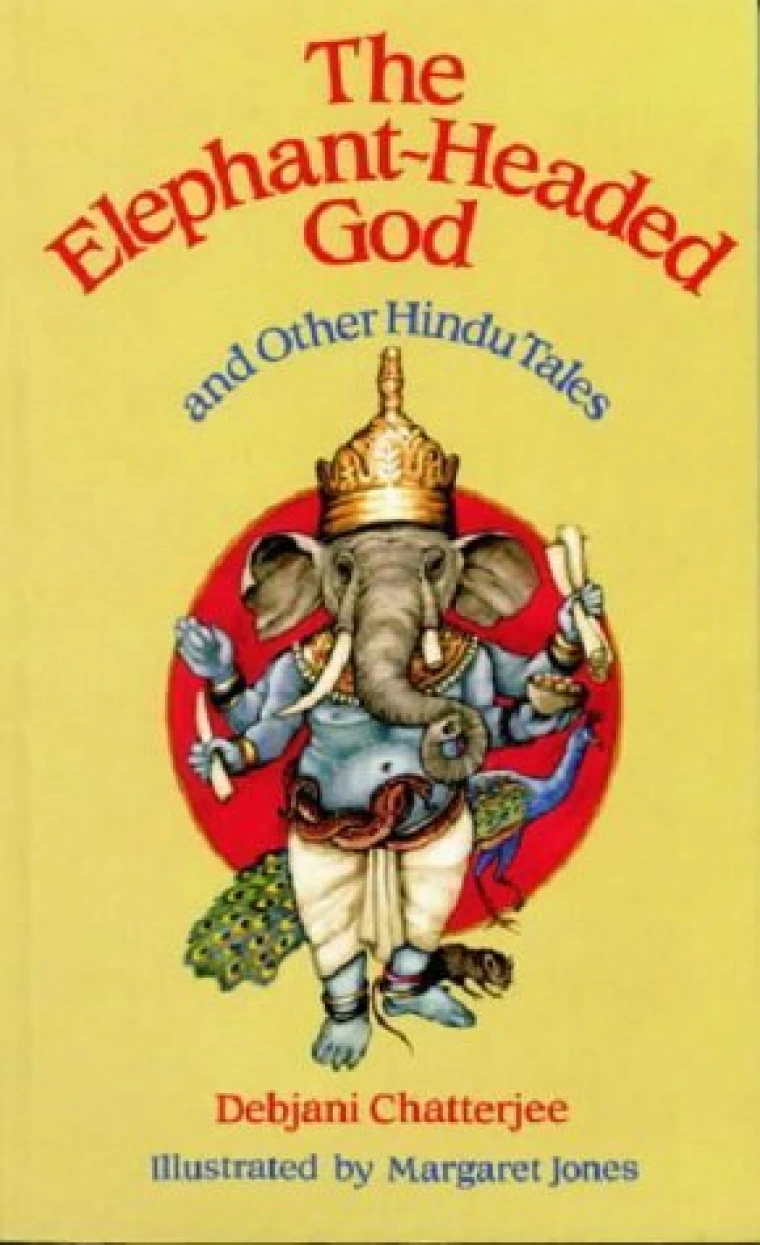 A blue god with an elephant hand poses before a yellow background.